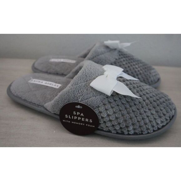 Laura Ashley Women's Sz Large (8-9) Gray Memory Foam Lounge Spa Slippers w/Bow - Picture 4 of 7